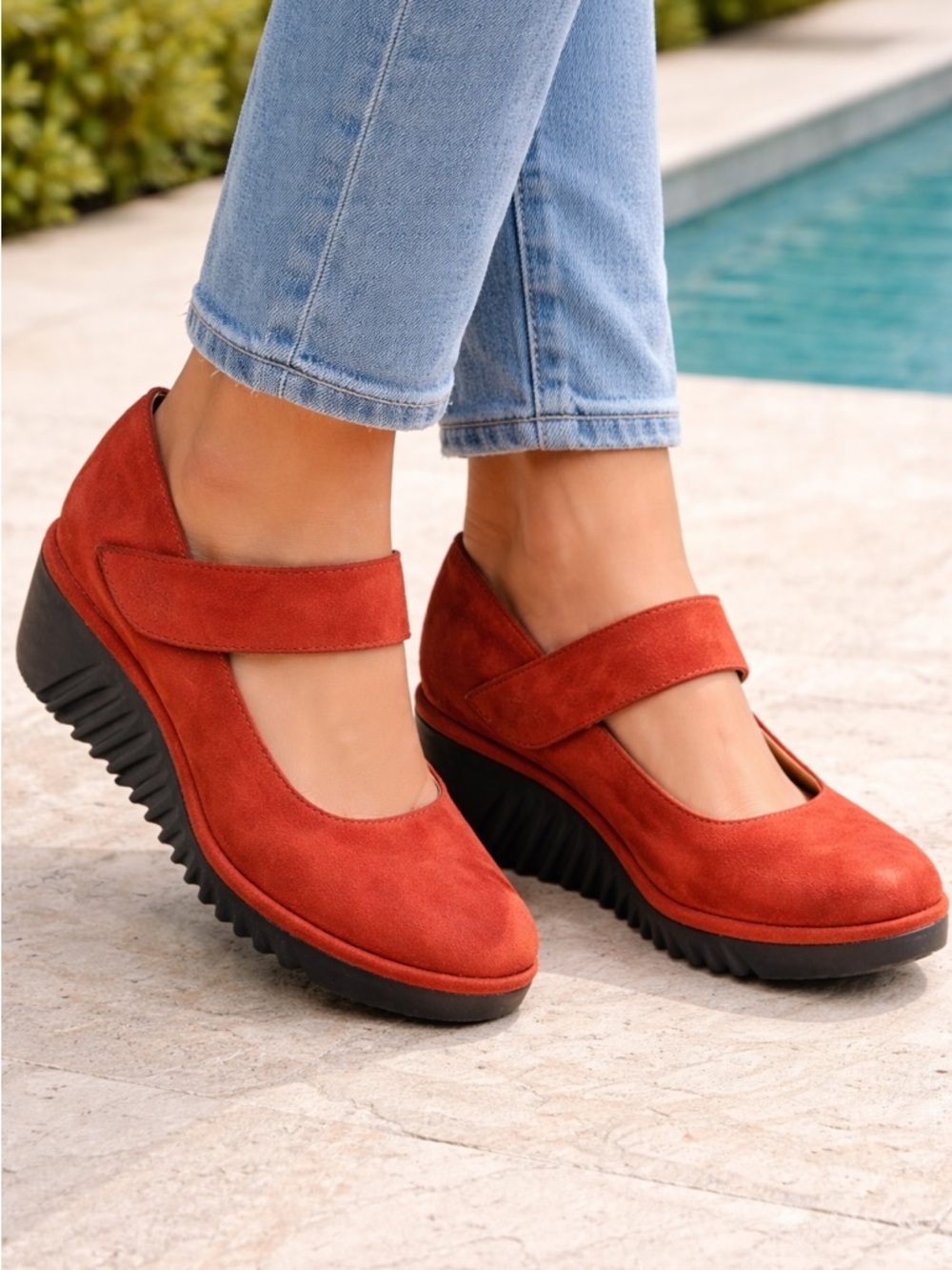 Fly London Women's Red Suede Mary Jane Wedge Mules size:37(6.5)